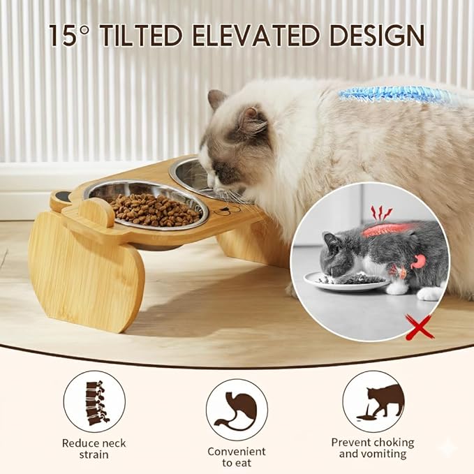 Tilted Elevated Cat Bowls with Food Mat: Removable Stainless Steel Pet Dishes with Bamboo Raised Stand for Cats and Small Dog | Anti Vomiting Whisker Friendly Dishwasher Safe