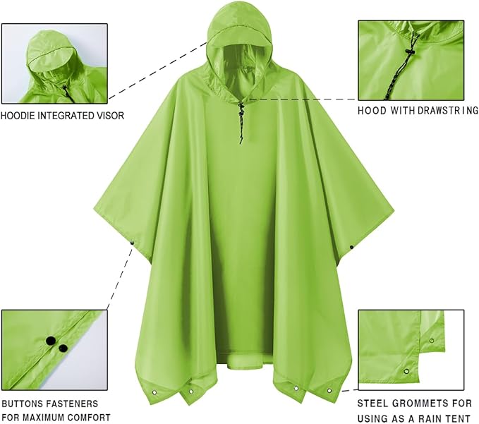 Hooded Rain Poncho for Adult, Waterproof Lightweight Raincoat for Hiking Camping