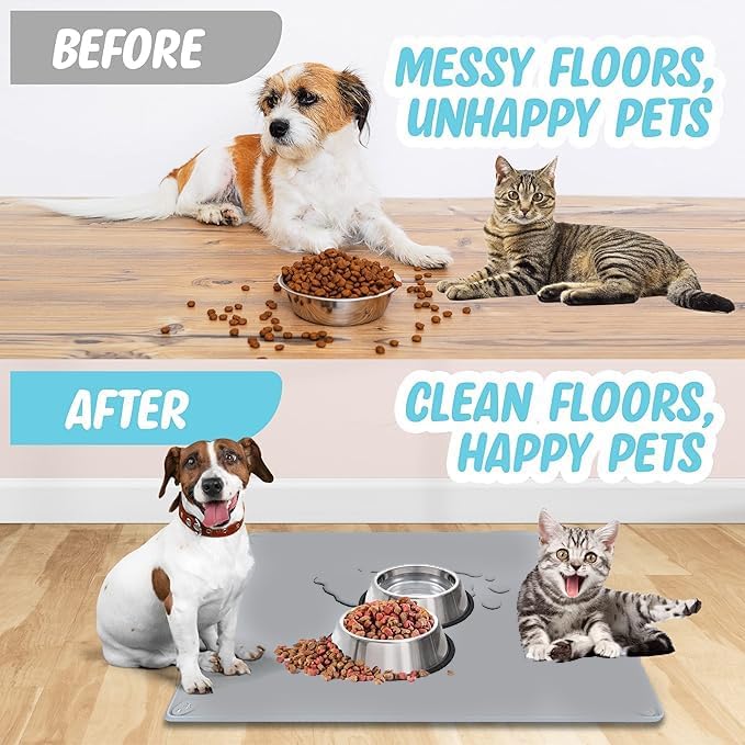 TidyFriend Pet Food Mat - 30 x 36”, Pet Tray for Food and Water, Dog Food Mats, Silicone Cat Food Mat, Non Slip Pet Food Mat Large, Dog Bowl Mat Waterproof, Pet Supplies (Light Grey)