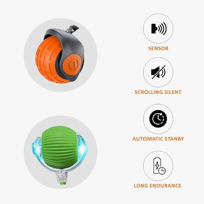 KBLZONE Interactive Cat Ball Toy – Smart Rolling Pet Ball with Obstacle Avoidance, USB Rechargeable, Cord Tail Design – Fun Enrichment Toy for Indoor Cats & Small Dogs (Orange + Green)