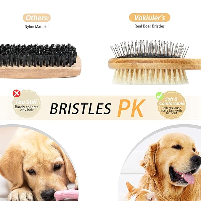 Pet Hair Brush, Double Sided Bristle and Pin Brush for Dog Grooming, Real Boar Bristle Shedding Brush with Bamboo Handle, 1 Pack, White, Oval, Detangle, All Hair Types, Hair Brush