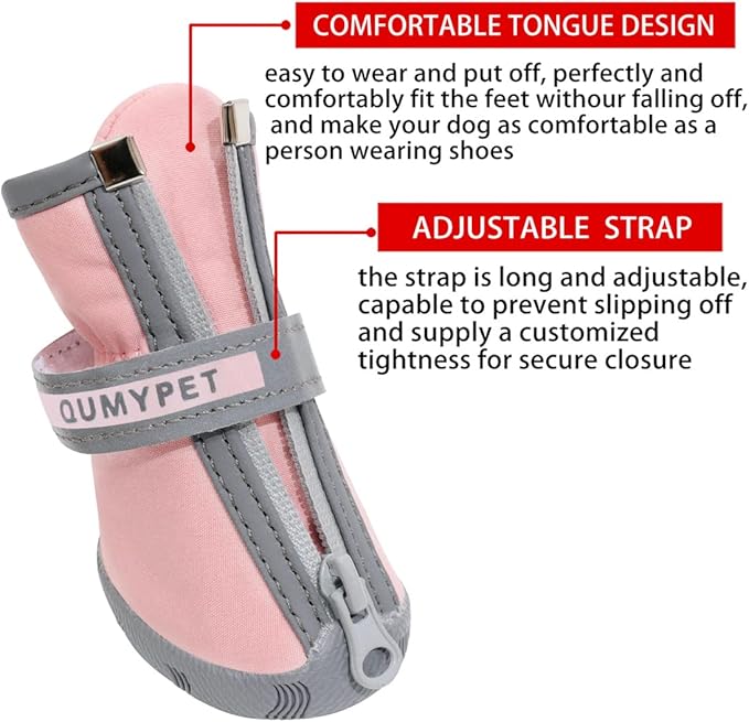 QUMY Dog Shoes for Small Dogs, Puppy Dog Boots & Paw Protectors for Winter Snowy Day, Summer Hot Pavement, Waterproof in Rainy Weather, Ourdoor Walking, Indoor Hardfloors Skid-Resistant Sole Pink 2