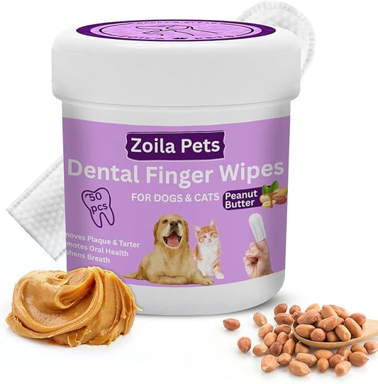 Dental Wipes Peanut Butter Scent – Best Dog Teeth Cleaning, Dog Dental Wipes for Dogs Teeth, Finger Toothbrush for Dogs and Cats, Oral Care, Remove Plaque, Tartar & Bad Breath – 50 Count