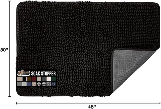 GORILLA GRIP SOAKSTOPPER Dog Door Mat, 48x30 Machine Washable Rug Absorbent Doormat Captures Moisture Mud Dirt, Quick Dry Soft Chenille Entryway Rugs Indoor Entrance Mats for Dog Paws, Black