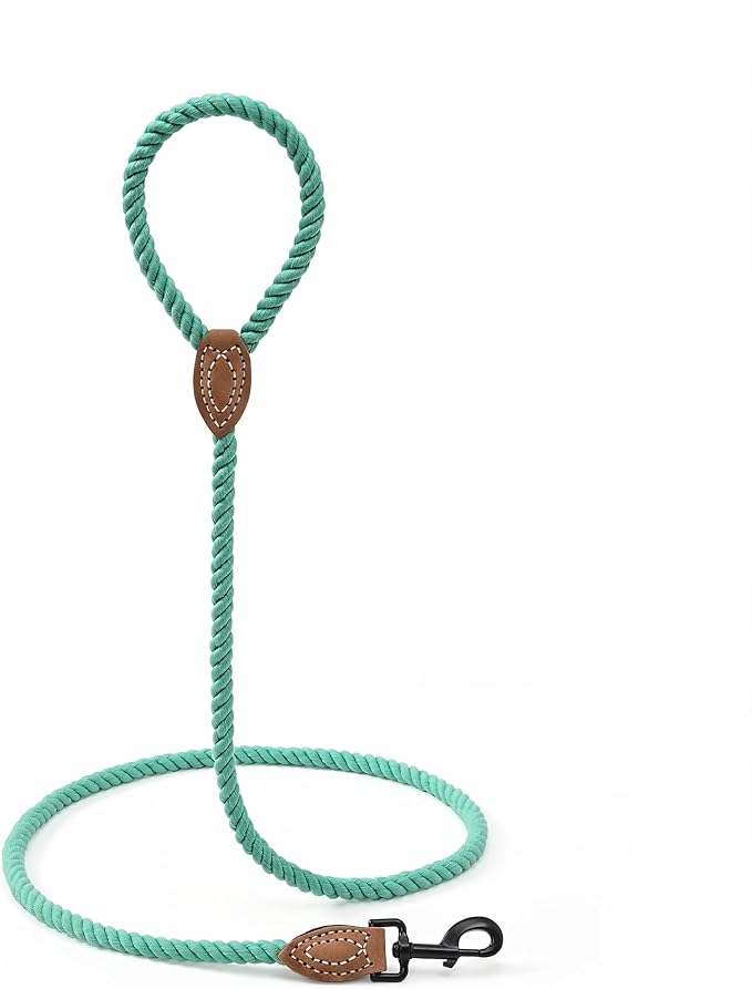 Mile High Life Dog Leash, Braided Cotton Rope Leashes with Leather Tailor Tip with Leather Tip - Heavy Duty Metal Clasp, 6FT, 1/2" Thick - Wedding, Walking Leash for Medium Large Dogs(Green)