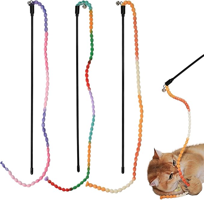 MeowAroma Interactive Cat Toys, 3 Pcs Cat Wand Toys for Indoor Kitten with Colorful Bead Shape Hemp Rope and Small Bell, Kitty Teaser String Toy for Indoor Cats to Chase and Exercise