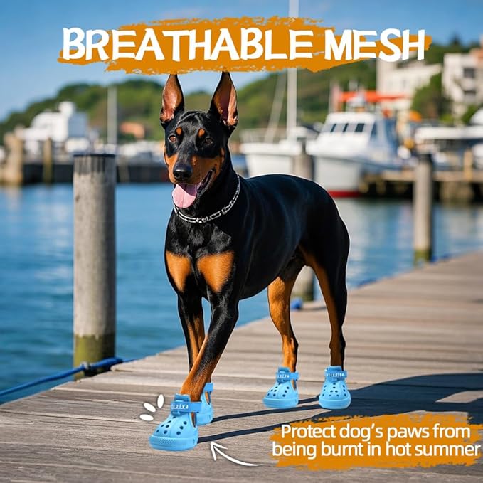 JZXOIVA Dog Shoes for Hot Pavement, Dog Booties for Medium Dogs, Breathable Dog Boots & Paw Protectors, Adjustable Non-Slip Rain Booties, Waterproof Pets Sandals for Beach Blue Size 6