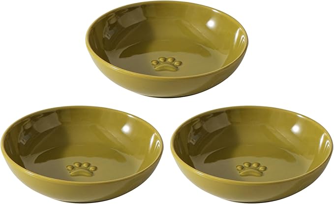 Ceramic Wide Whisker Friendly Cat Dishes, Set of 3 Ceramic Cat Bowls with Paw Print, Anti-Slip Indoor Kitten Feeding Food& Water Dish to Prevent Whisker Fatigue(3 Pcs, Matcha Green)