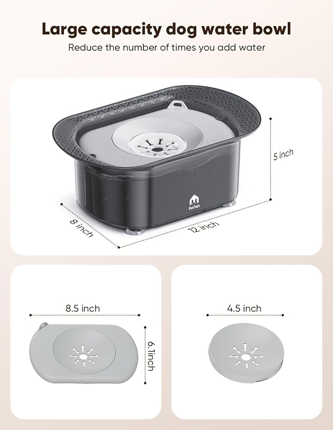 PETPATH Dog Water Bowl, 2.2L No Spill Water Bowl for Dogs,with Suction Cup Foot Pad Reduce Refill, Anti Splash No Mess Dispenser Dripless Slow Drinking Water Bowl for Sloppy Messy Drinkers (Gray)