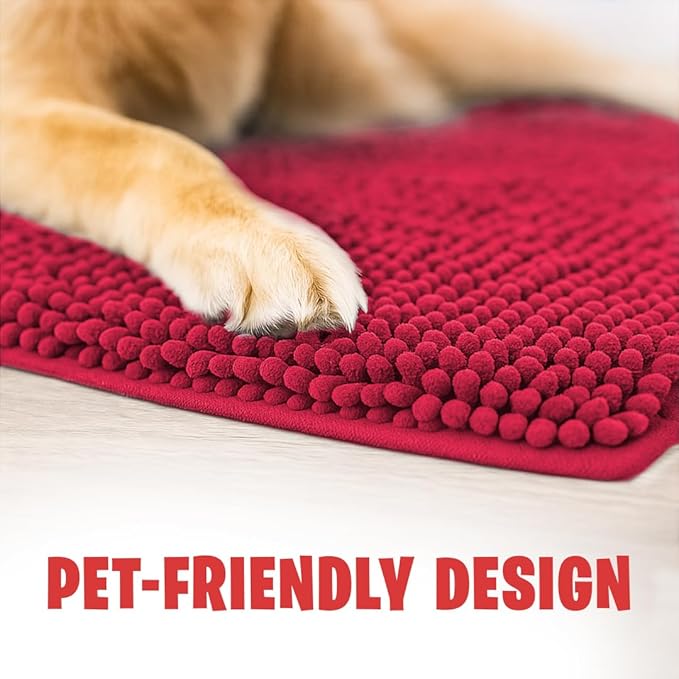 MudGuard Mat™ Dog Door Mat for Muddy Paws, Super Absorbent Microfiber, Non-Slip Indoor Mat, Quick Dry Chenille Mud Mat for Dogs & Entryway, Washable, Red 36" x 60"