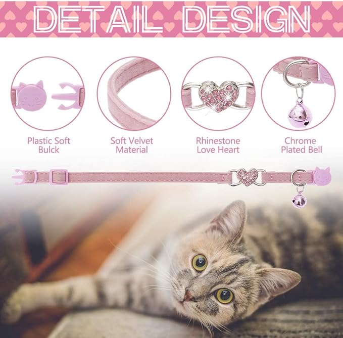 BINGPET Cat Collar Breakaway with Bell, Pack of 2 Heart Bling Collar Safety with Soft Velvet Adjustable for Kittens