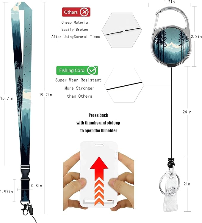 with ID Card Holder Caregiver Worker, Office School Lanyard Key Ring Mountain and Tree Name Tag Retractable Heavy Duty Badge Reel Clip Vertical ID Card Protective Case
