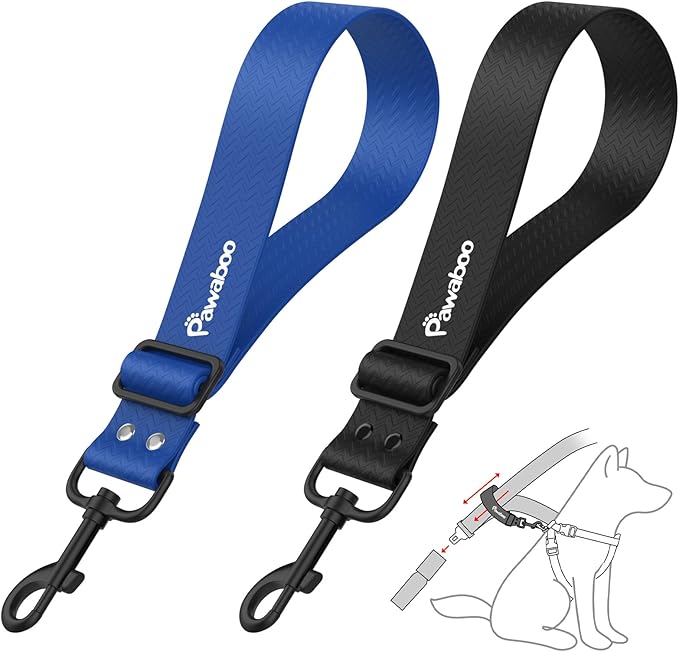 Pawaboo Dog Car Seatbelt, Universal Pet Safety Belt, Chew-Proof Dog Car Restraint with Adjustable Strap, Nylon Woven Belt & PVC Shell Dog Seatbelt, Dog Leash with 360° Hook,20 in, 2 Pack, Blue + Black