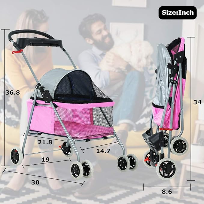 BestPet Pet Stroller 4 Wheels Posh Folding Waterproof Portable Travel Cat Dog Stroller with Cup Holder,Pink