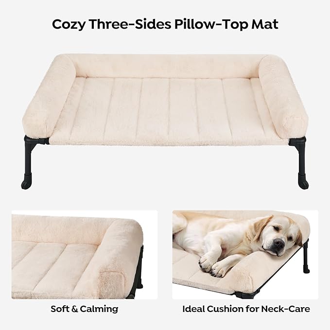 Veehoo Orthopedic Elevated Dog Bed with Fluffy Plush Bolster Cushion, Indoor Raised Dog Beds for Large Dogs, Soft Pet Sofa Cot with Removable Washable Mat, No-Slip Feet, 32 x 25 inches, Cream White