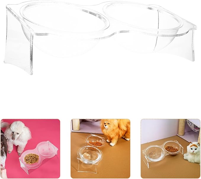 COOLHIYA Transparent Acrylic Double Pet Bowl for Cats and Puppies Household Food and Water Basin with Moderate Height Whisker-Friendly Indoor Feeder Designed to Prevent Spills and Reduce