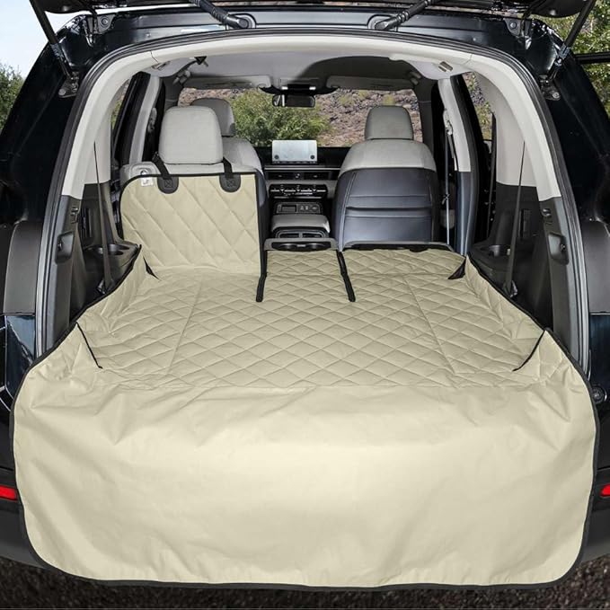4Knines Split Cargo Liner for SUV – For Dogs & Pets, Heavy-Duty, Waterproof Trunk Mat & Cargo Cover – Fits 60/40 Split Bench & Armrest Pass-Through – Machine Washable, Non-Slip, Durable (Large, Beige)