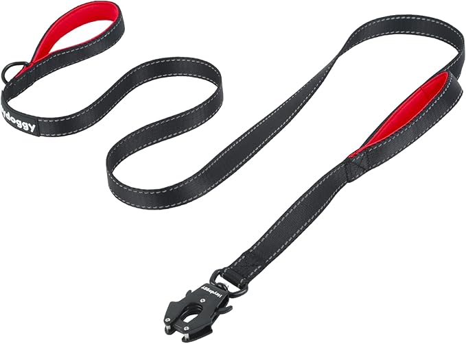 Strong Heavy Duty Dog Leash - 6ft Reflective Nylon Training Leash with Soft Padded Double Handle & Auto Lock Frog Clip - Safety Traffic Control for Large Medium Small Dogs No Pull Walk Black Red,6ft