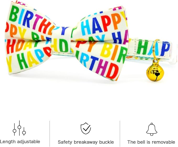 Happy Birthday Cat Breakaway Collar Bow Tie with Bell, Wedding/Birthday Cat Accessories