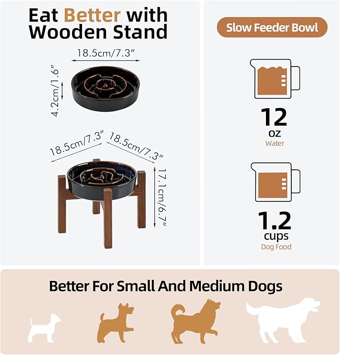 Ceramic 1.2 Cup Raised Slow Feeder Dog Bowl Set, Elevated Acacia Wood Stand for Medium and Small Dog, 7.3inch Slow Dish, Stop Bloat(Single Bowl+ Stand, Starry Sky)