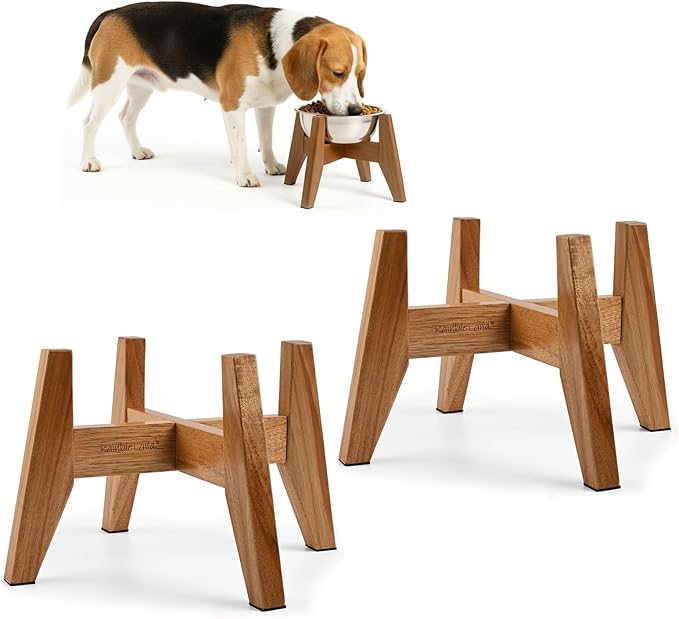 Dog Bowl Stand 7 inch High(Set of 2), Acacia Hardwood Elevated Stand, Raised Feeder for Small and Medium Dogs – Stand Only (Bowls Not Included)