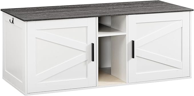 HOOBRO Double Litter Box Enclosure, Modern Cat Litter Box Furniture with Storage and Mat Design, Farmhouse Hidden Litter Box Enclosure with 2 Hooks, White and Charcoal Gray BW23MW01