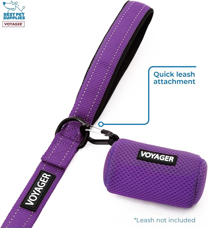 Best Pet Supplies Dog Poop Bag Holder Leash Attachment with 15 Bags, Purple, Reusable Mesh Dispenser Pouch for Travel, Walking, Park, and Outdoor Use, Soft and Durable with Clip-On