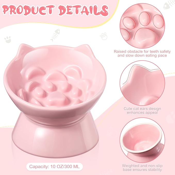 2 Pcs Ceramic Elevated Slow Feeder Cat Bowl Cute Tilted Anti Vomiting Raised Cat Bowl for Dry Wet Food and Water Easy to Clean High Edge Pet for Small Dogs(Dark Green, Pink)
