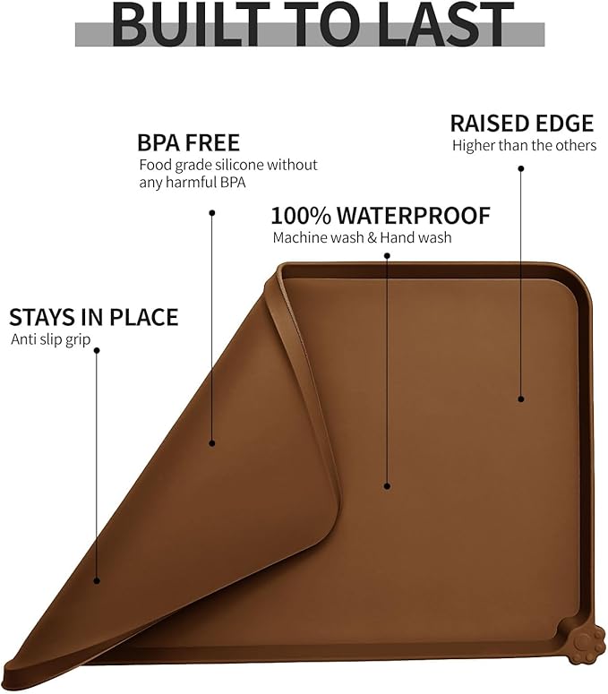 Reopet Waterproof Pet Feeding Mat with High Raised Edges, Heavier and Thicker Placemats for Cat Dog Water Bowl with BPA Free, Dogs Cats Food Mats for Messy Drinkers to Prevent Spill and Protect Floors