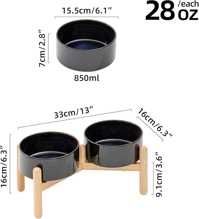 Ceramic 6.1inch Raised Dog Bowl with Stand for Small and Medium Breed Dog Dish Pet Food and Water Bowl (Double Bowl with Stand - Starry Sky, 28oz)