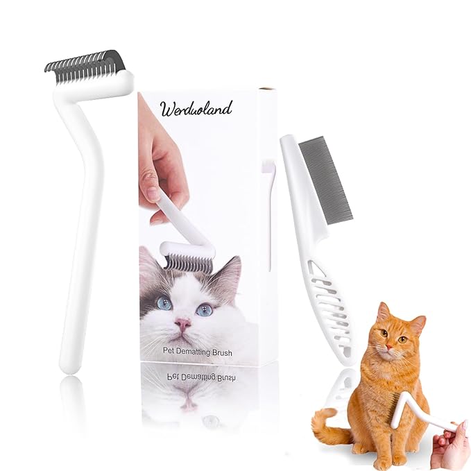 Werdouland Cat Brush, 2 Pack Deshedding Grooming Tool Set for Cats & Small/Medium Dogs, Long & Short Hair Pet Brush & Undercoat Rake, Specialized in treating tangled hair, White