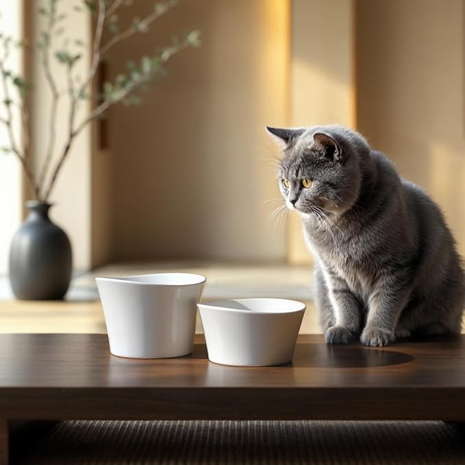 Elevated Cat Water Bowl – Shallow Raised Cat Bowl for Whisker Fatigue; Vet-Recommended Height, Food-Grade Melamine, Non-Slip & Dishwasher Safe Cats Dish - 8 oz, White
