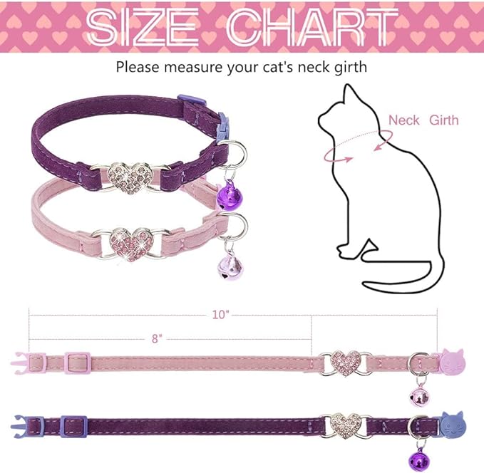 BINGPET Cat Collar Breakaway with Bell, Pack of 2 Heart Bling Collar Safety with Soft Velvet Adjustable for Kittens