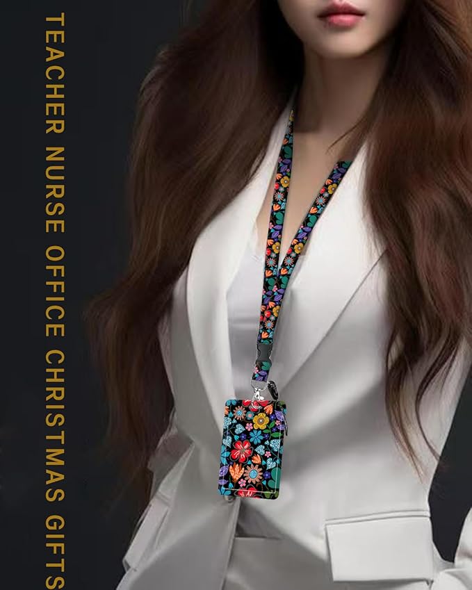 ID Badge Holder with Retractable and Detachable Lanyard, Cute Badge Reel Breakaway Lanyard with Carabiner Clip for Women, Teachers, Nurses, Students, Perfect Work and Office(Colorful Flowers)