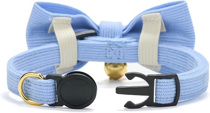 Cotton Breakaway Kitten Collar with Bow Tie and Bell Adjustable Cute Soft Corduroy Cat Collars for Small Cats(Blue,XS)