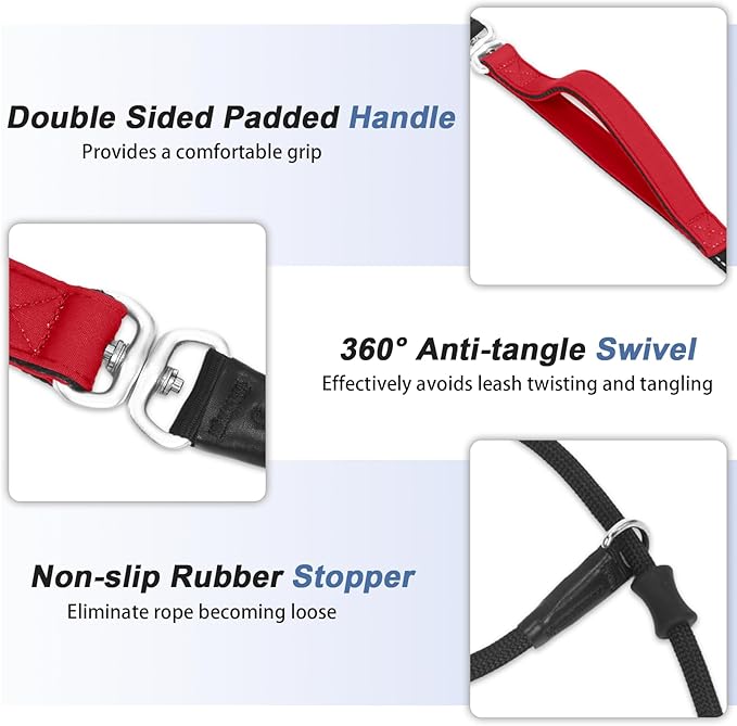 Slip Lead Dog Leash With Double Handle, Reflective Training [360 Swivel Anti-Tangle] Heavy Duty Nylon Slip and Collar for Medium Large Small Dogs No Pull Walking 5FT Black Red