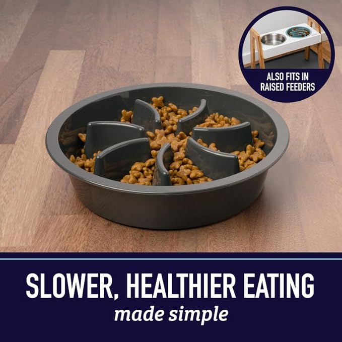 Leash Boss Slow Feeder Dog Bowls - 4 Cup, Puzzle Dog Food Bowl with Feeder Holes, Fits into Elevated Pet Feeders, Slow Eating for Large, Medium & Small Sized Breeds, Gray