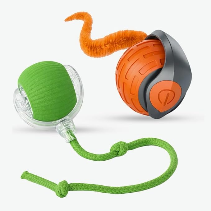 KBLZONE Interactive Cat Ball Toy – Smart Rolling Pet Ball with Obstacle Avoidance, USB Rechargeable, Cord Tail Design – Fun Enrichment Toy for Indoor Cats & Small Dogs (Orange + Green)