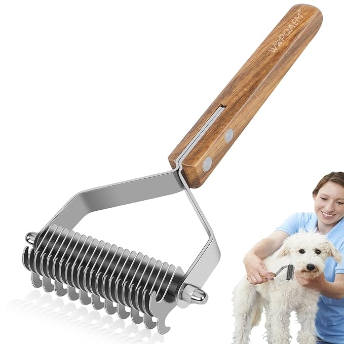 Dematting Comb for Dogs & Cats - Double-Sided Deshedding Dematting Grooming Tool, Undercoat Rake for Double Coat Dogs & Long-Haired Cats, Wooden Handle Large