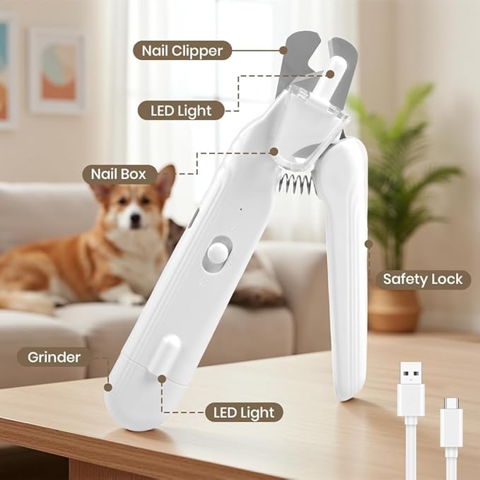 2-in-1 Electric Dog Nail Grinder & Clipper with LED Light, Rechargeable Quiet Pet Nail Trimmer with Safety Guard for Dogs and Cats