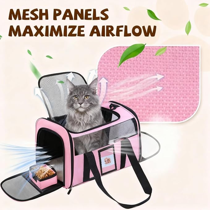 Soft Cat Carrier for Pets Up to 25 lbs, Cat Pet Travel Bag with Padded Shoulder Strap and Detachable Cat Food Bowl, Pet Dog Carriers for Small Dogs and Puppies, Travel Carry, Pink