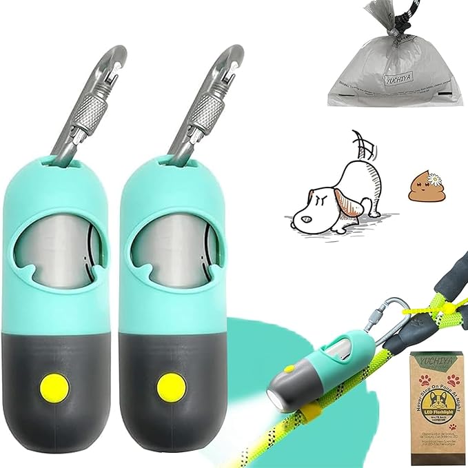 Dog Poop Waste Bags Holder with LED Flashlight|Cute Doggie Poo Bags Dispenser for Pet Leash|Trash Waste Bags Carrier with Potty Bags Clip Fastener LR44 Button Cells Included(2 Pack) (Mint Green)