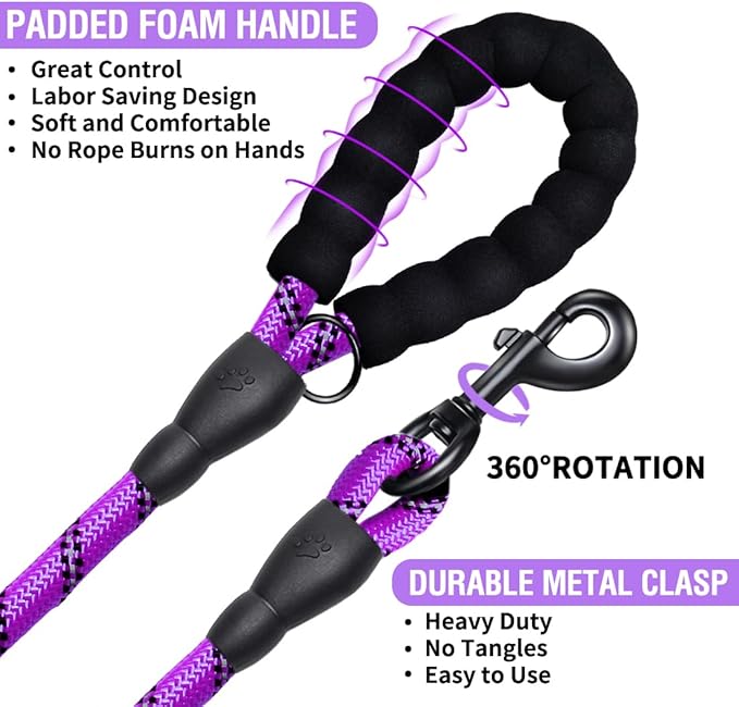 COOYOO Dog Leash 5/6 FT with Comfortable Padded Handle and Highly Reflective Threads for Small Medium and Large Dogs