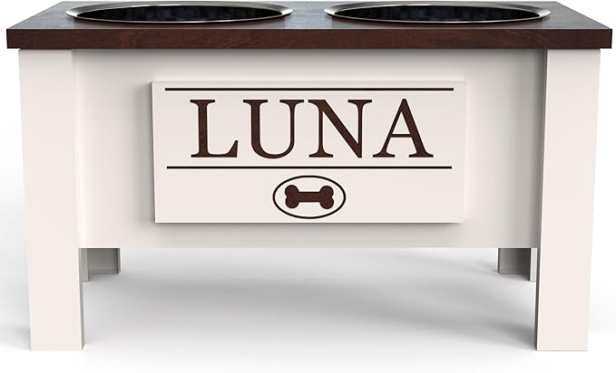 GTW Personalized Elevated Dog Bowl Stand for Large, Medium, Small, X-Small Dogs - Stainless Steel Food and Water Bowls - Raised Dog Dish with Internal Storage (Large, Dark Walnut)