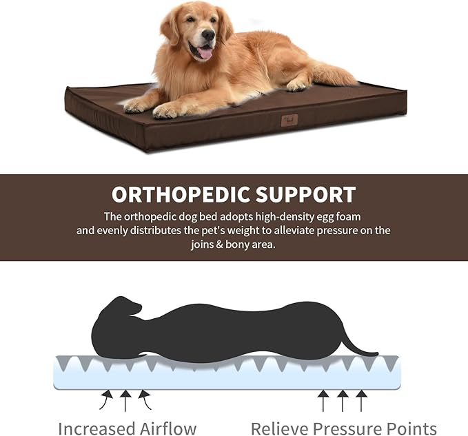 Outdoor Dog Bed for Small Dogs & Cats, Waterproof Dog Crate Mat Orthopedic Egg Crate Foam with Washable Removable Oxford Cover, Brown