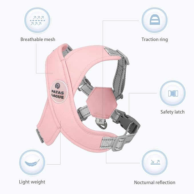 Patas Lague Dog Harness with Leash Set Adjustable Soft Padded Step-in Dog Vest No Choke No Pull Reflective for Small Medium Pets with Poop Bags and Dispenser, Solid and No-chew, Pink S