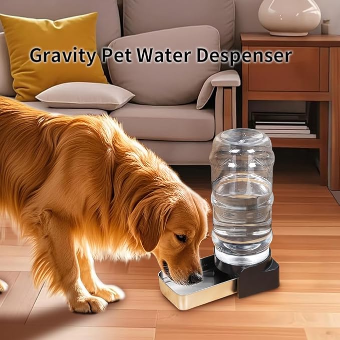 PAKEWAY 2.3 Gallon / 8.6L Automatic Gravity Dog Water Bowl Dispenser, Stainless Steel Large Capacity Pet Waterer with 3 Filters for Medium & Large Dogs and Cats