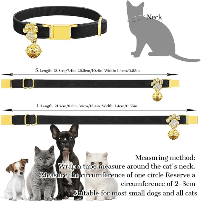 Personalized Breakaway Cat Collars - Magnetic Buckle, Bell - Safety Quick Release, Customized for Girls & Boys Cats- (Velvet-Black)
