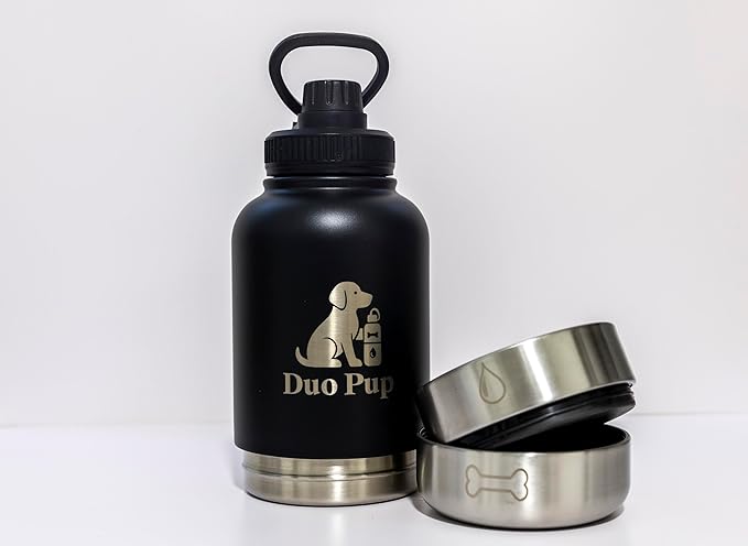 DuoPup 32oz Insulated Stainless Steel Pet Water & Food Bottle – Portable Leak-Resistant Dispenser with Two Detachable Bowls & Carrying Strap – Travel, Hiking & Outdoor Pet Hydration – Pink