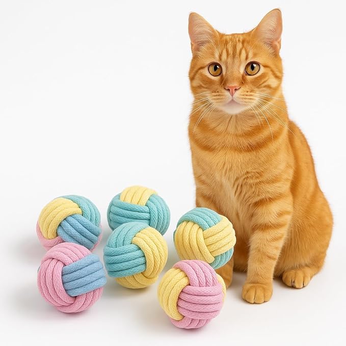 Zasle Cat Chew Balls – 6-Pack Rope Cat Toys with Crinkle Sound, Soft and Durable, for Indoor Cats, Kittens, Teeth & Gum Health